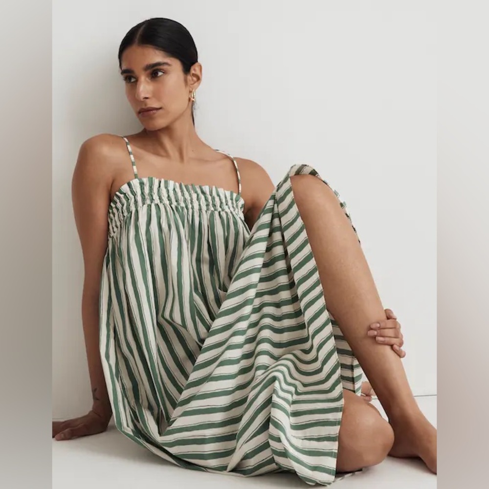 New Madewell Women Poplin Ruffle A Line Midi Dress in Stripe Versailles Green M - Picture 2 of 5